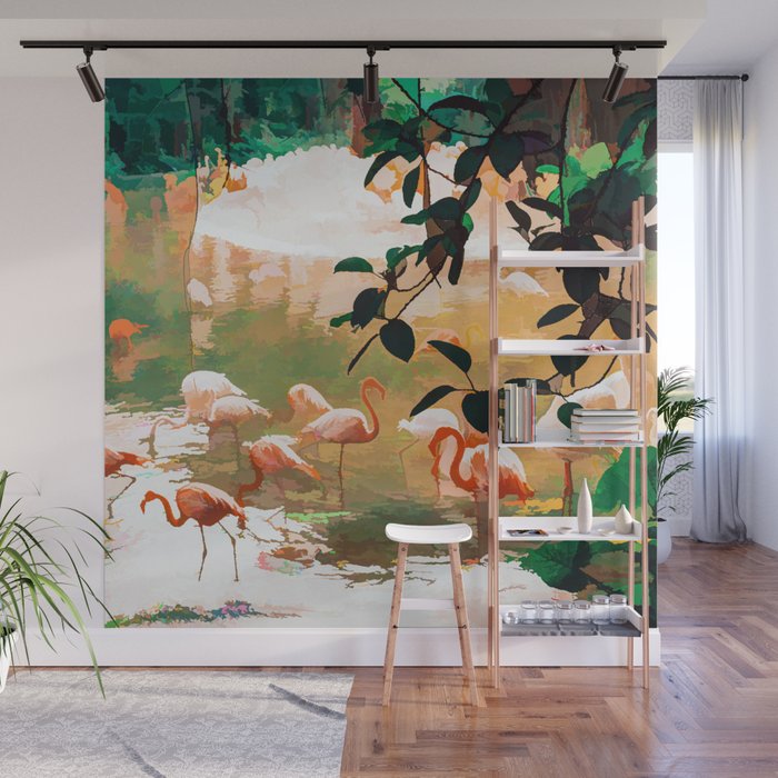 Flamingo Sighting, Jungle Nature Wildlife Birds Painting, Animals Forest Safari Illustration Wall Mural Gallery Image 1