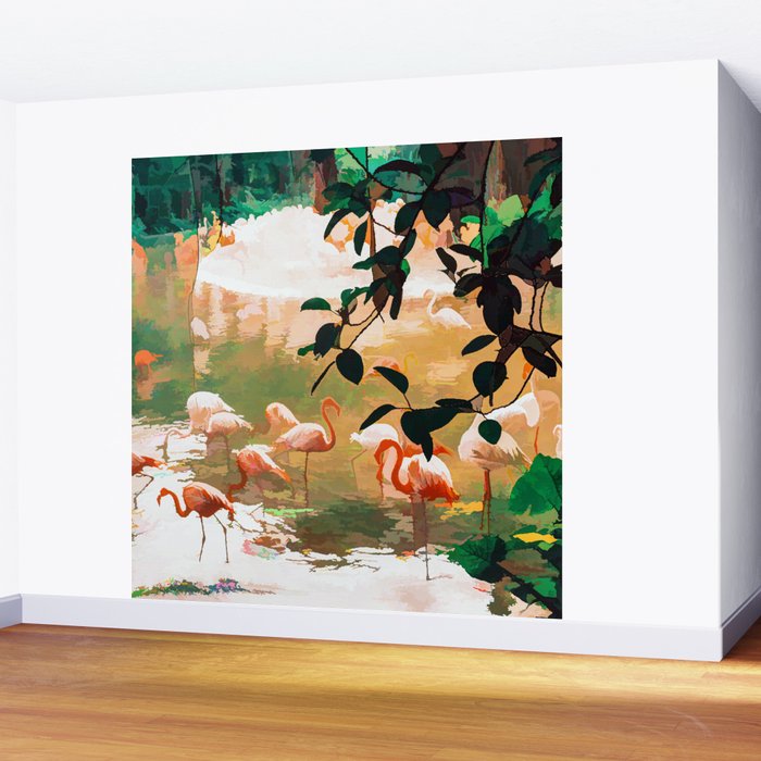 Flamingo Sighting, Jungle Nature Wildlife Birds Painting, Animals Forest Safari Illustration Wall Mural Gallery Image 2