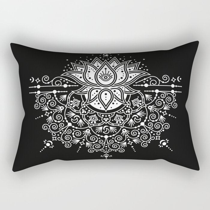 Sacred Lotus Blossom Mandala - White on Black Rectangular Pillow Gallery Image 2