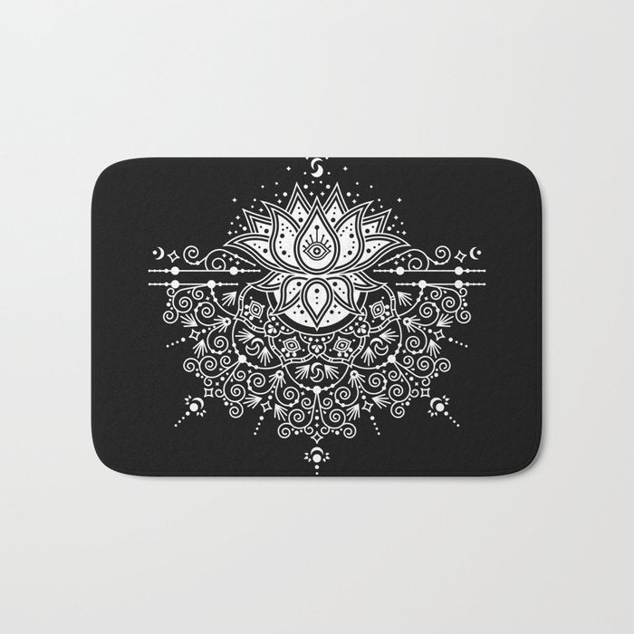 Sacred Lotus Blossom Mandala - White on Black Bath Mat Gallery Image 1