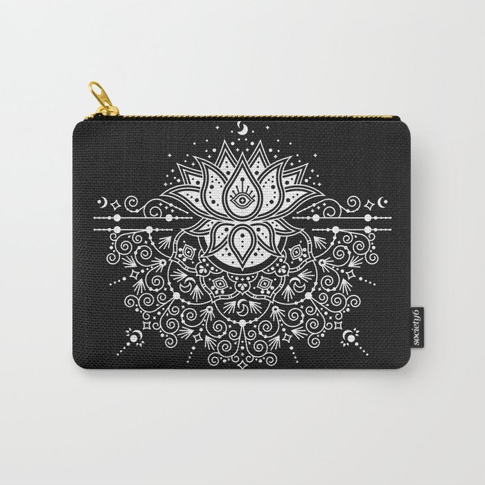 Sacred Lotus Blossom Mandala - White on Black Carry All Pouch Gallery Image 1