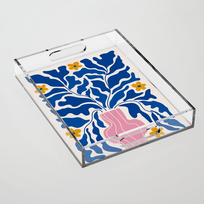 Summer Bloom: Electric Blue Leaves & Golden Poppies Acrylic Tray Gallery Image 1