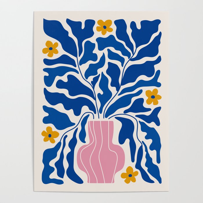 Summer Bloom: Electric Blue Leaves & Golden Poppies Poster Gallery Image 4