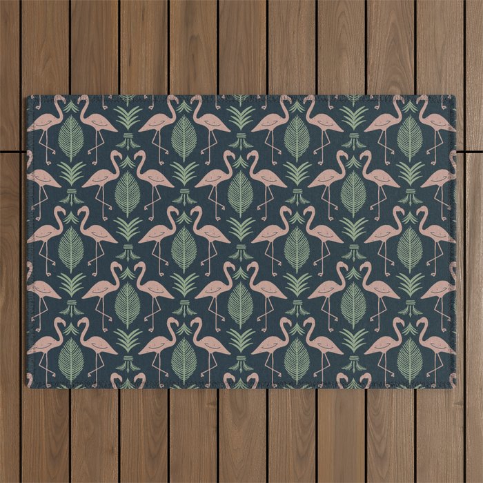 Palm Flamingos . Navy Outdoor Rug Gallery Image 1