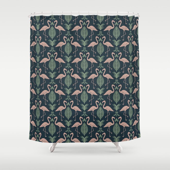 Palm Flamingos . Navy Shower Curtain Gallery Image 1