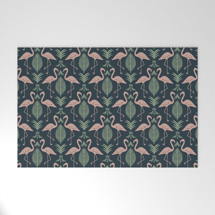 Palm Flamingos . Navy Welcome Mat Gallery Image 1