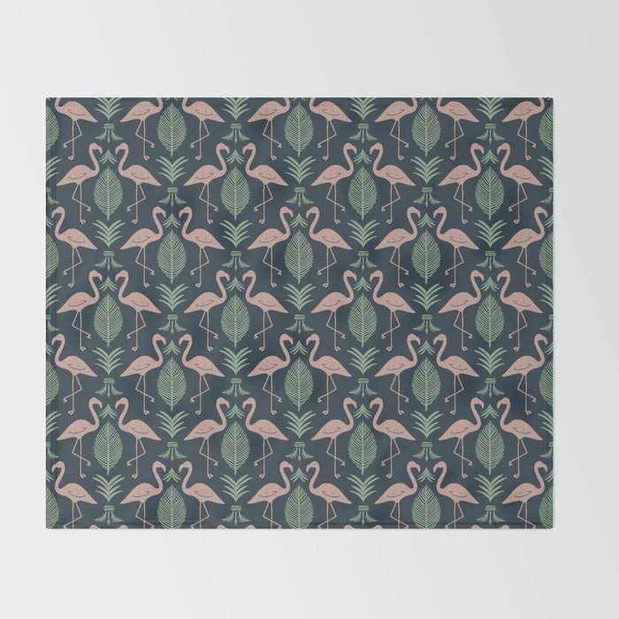 Palm Flamingos . Navy Throw Blanket Gallery Image 2