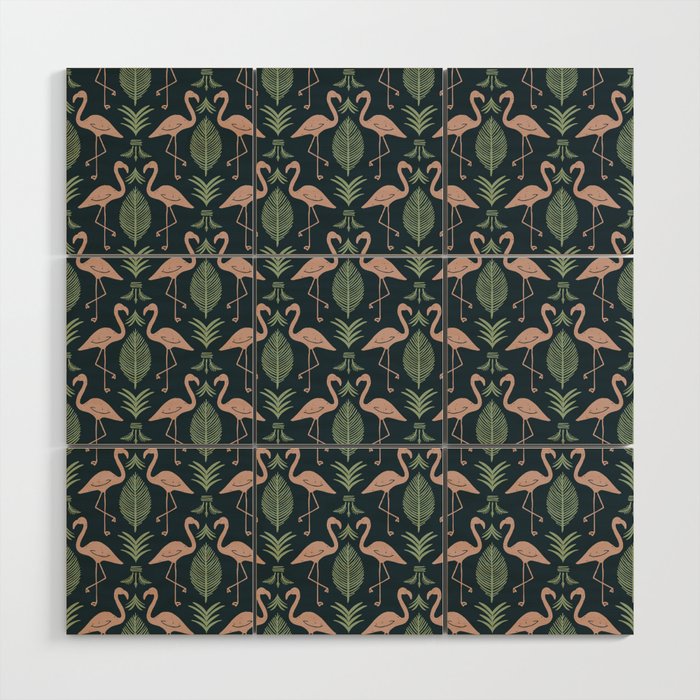 Palm Flamingos . Navy Wood Wall Art Gallery Image 1