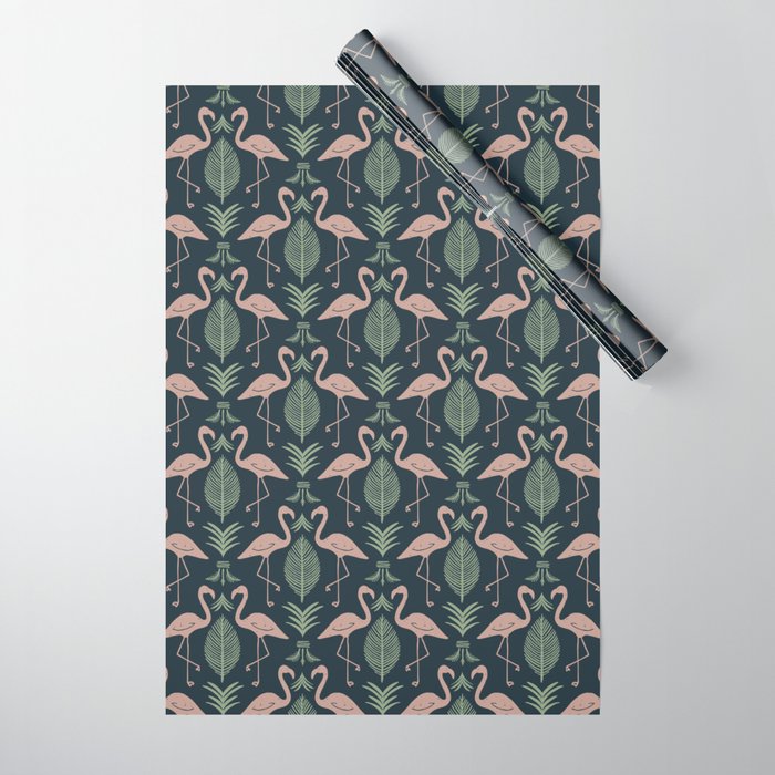 Palm Flamingos . Navy Wrapping Paper Gallery Image 1