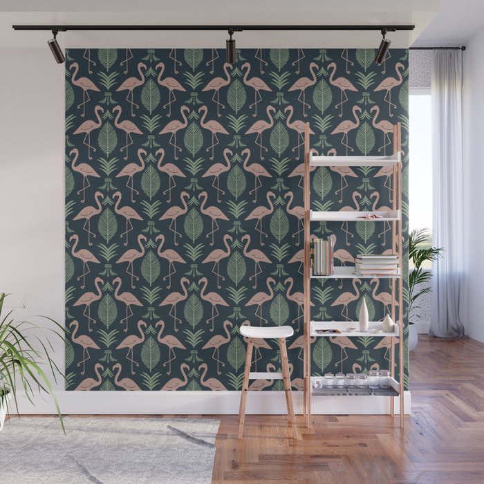 Palm Flamingos . Navy Wall Mural Gallery Image 1