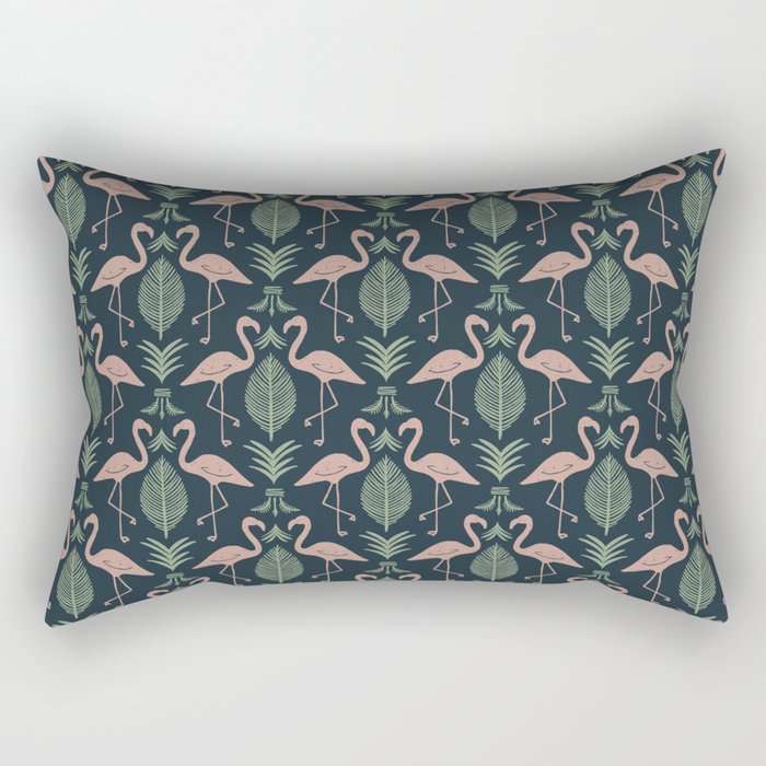 Palm Flamingos . Navy Rectangular Pillow Gallery Image 1