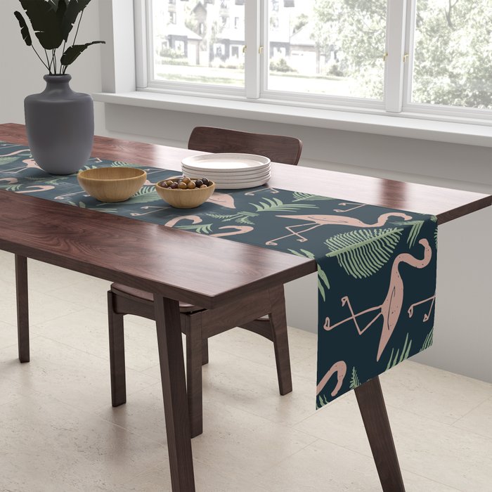 Palm Flamingos . Navy Table Runner Gallery Image 2
