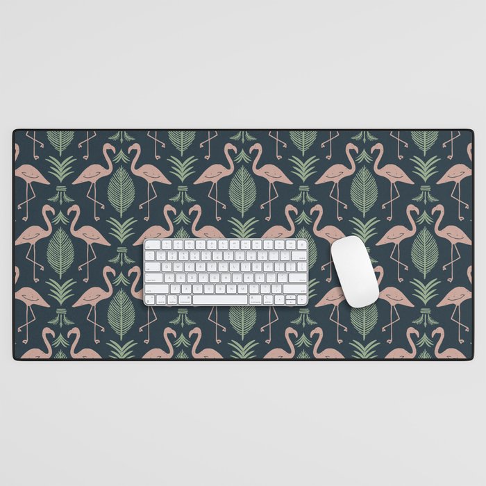 Palm Flamingos . Navy Desk Mat Gallery Image 1