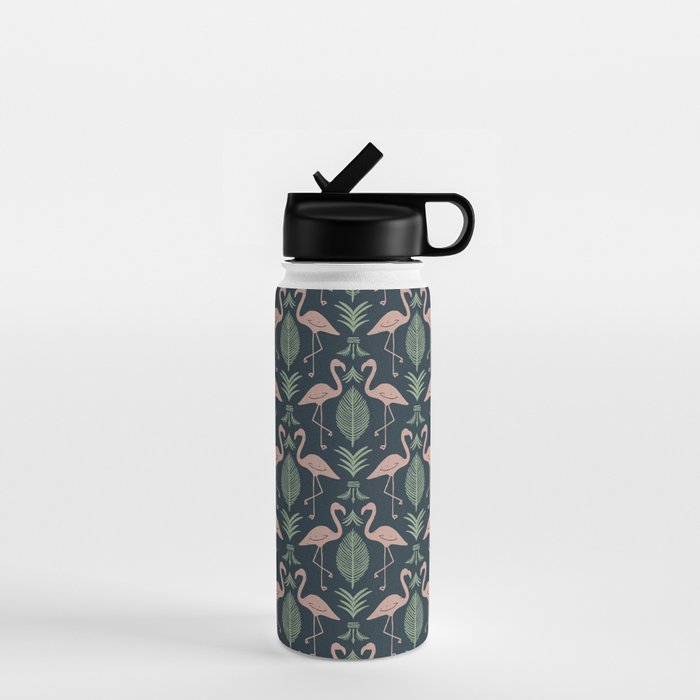 Palm Flamingos . Navy Water Bottle Gallery Image 1