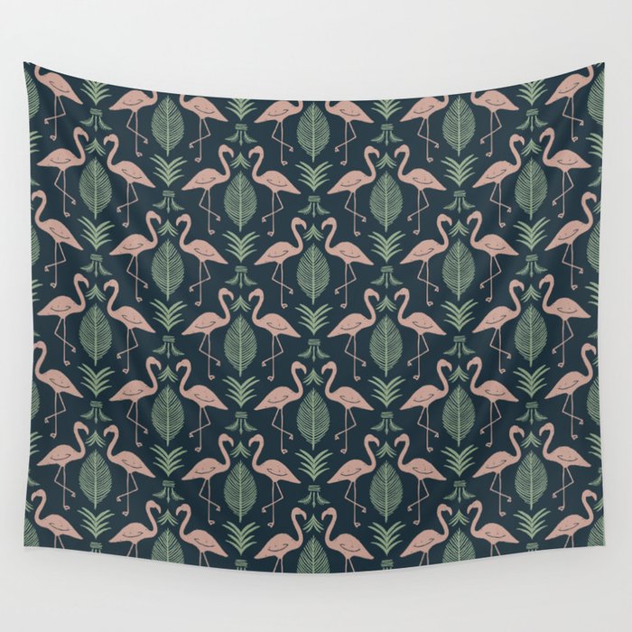 Palm Flamingos . Navy Wall Tapestry Gallery Image 4