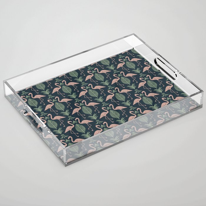 Palm Flamingos . Navy Acrylic Tray Gallery Image 1