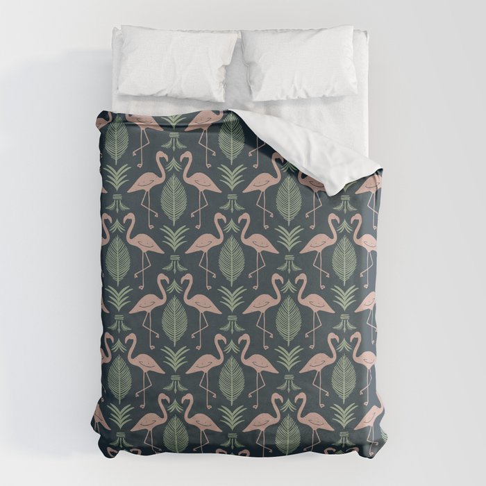 Palm Flamingos . Navy Duvet Cover Gallery Image 1