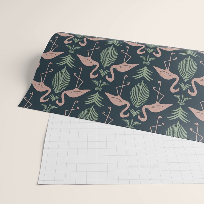 Palm Flamingos . Navy Wrapping Paper Gallery Image 2