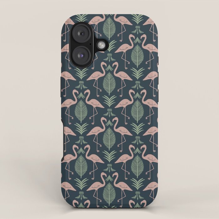 Palm Flamingos . Navy iPhone Case Gallery Image 1