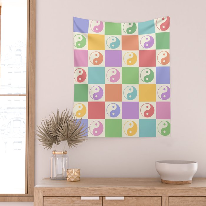 Colorful Yin Yang Checkered Pattern Wall Tapestry Gallery Image 2
