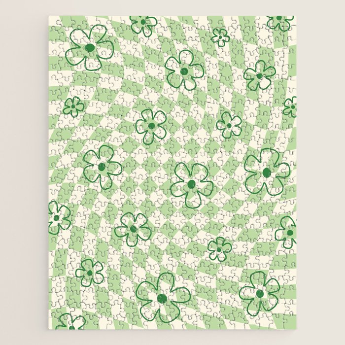 Green Checker Swirl With Flowers Jigsaw Puzzle Gallery Image 1