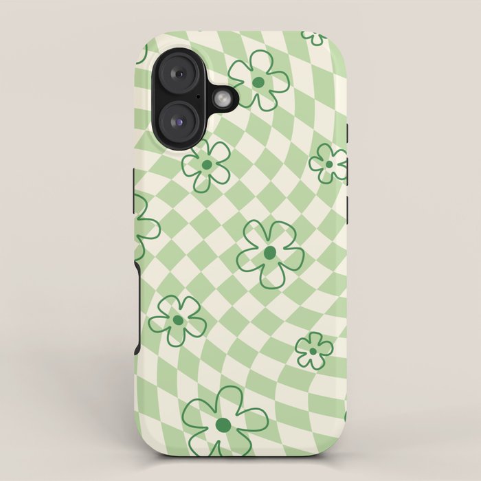 Green Checker Swirl With Flowers iPhone Case Gallery Image 1