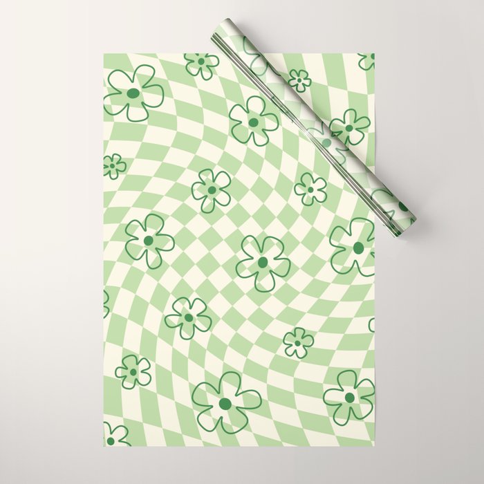 Green Checker Swirl With Flowers Wrapping Paper Gallery Image 1