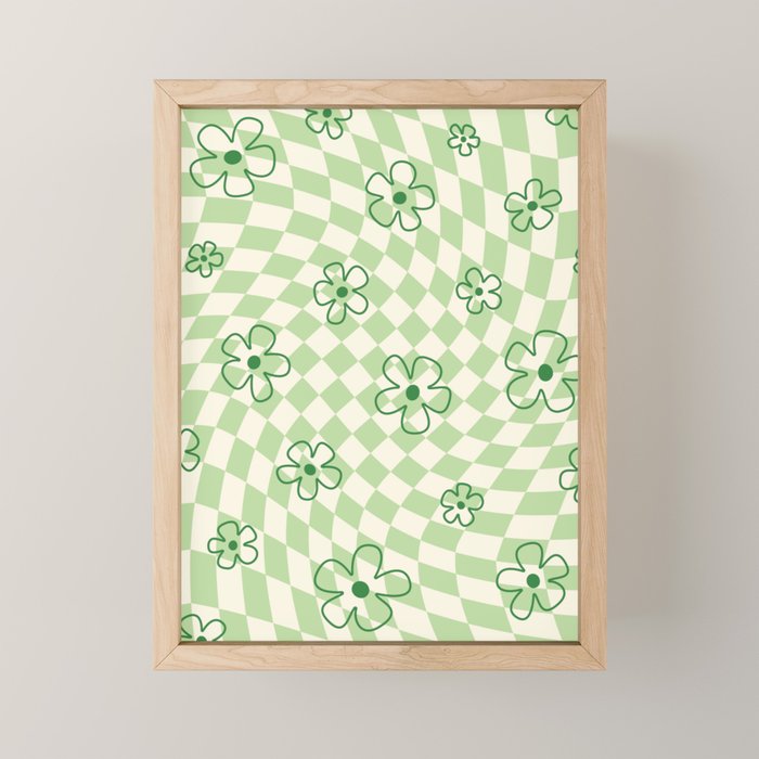 Green Checker Swirl With Flowers Mini Art Print Gallery Image 1