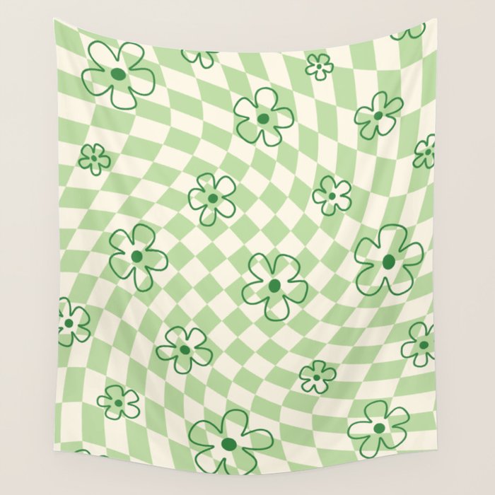 Green Checker Swirl With Flowers Wall Tapestry Gallery Image 4