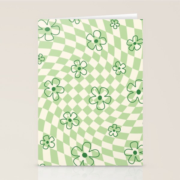 Green Checker Swirl With Flowers Stationery Card Gallery Image 2