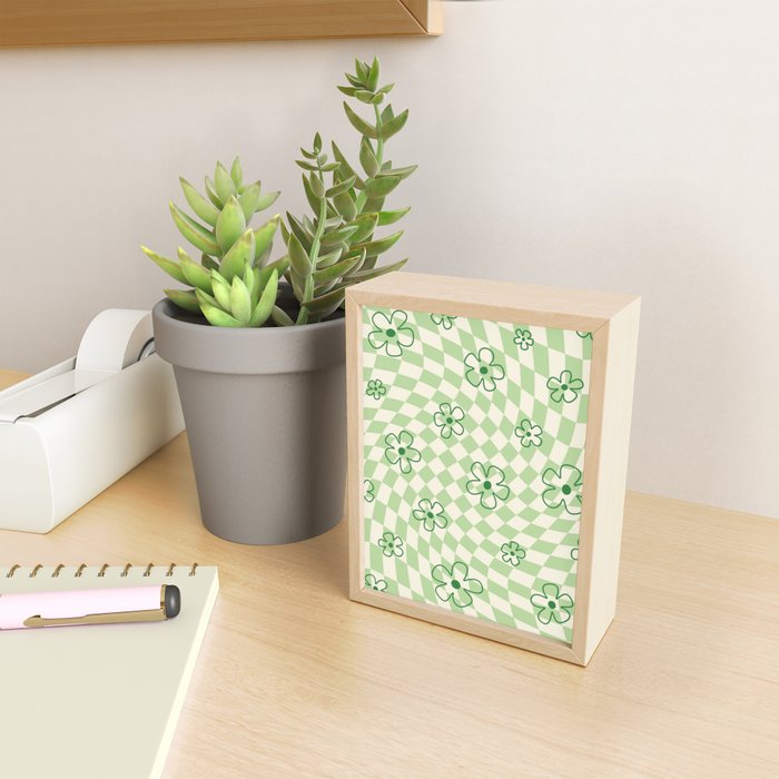 Green Checker Swirl With Flowers Mini Art Print Gallery Image 2