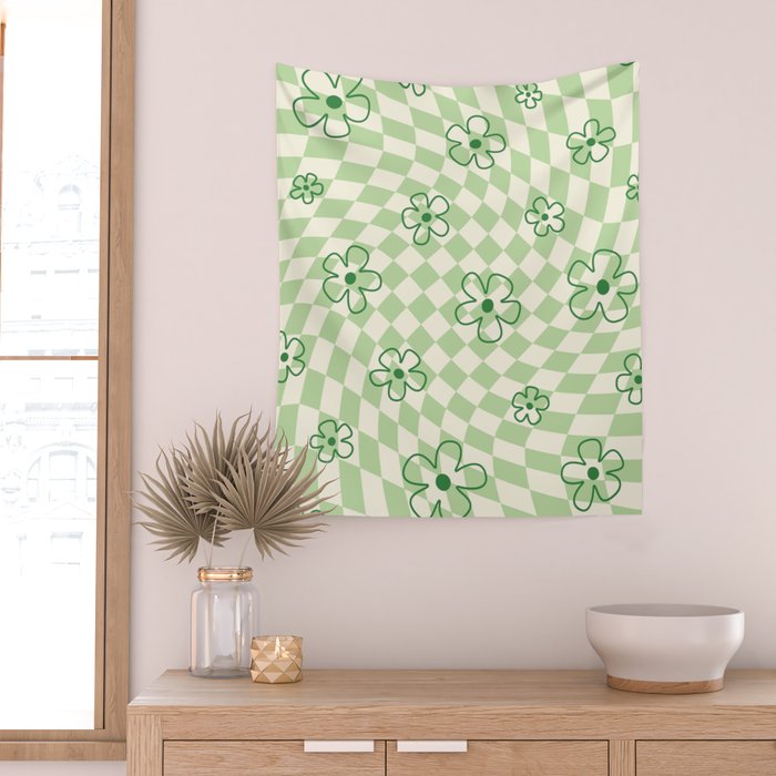 Green Checker Swirl With Flowers Wall Tapestry Gallery Image 2