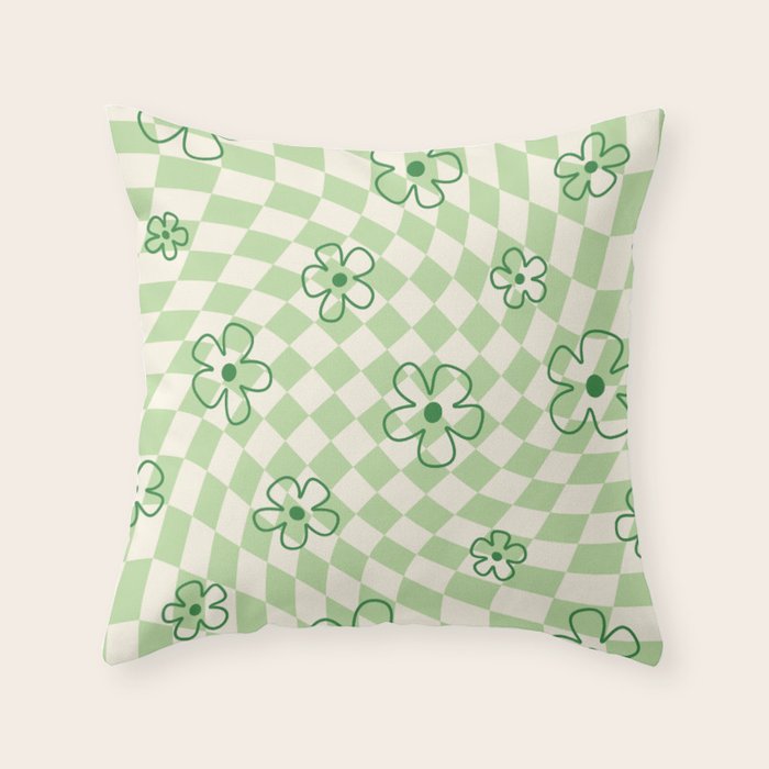 Green Checker Swirl With Flowers Throw Pillow Gallery Image 6