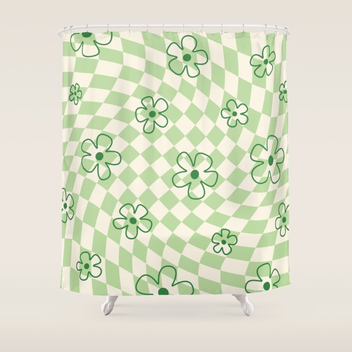 Green Checker Swirl With Flowers Shower Curtain Gallery Image 1