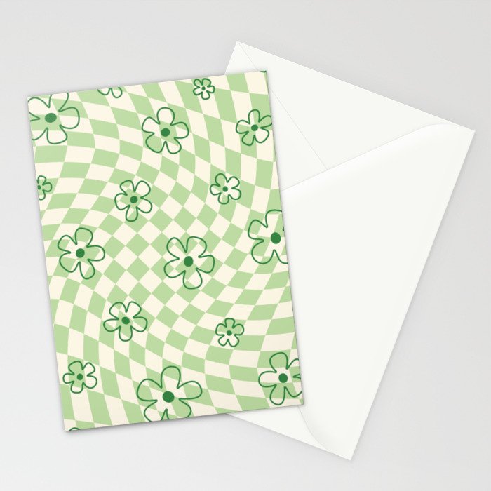 Green Checker Swirl With Flowers Stationery Card Gallery Image 2