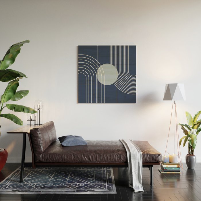 Geometric Lines in night Blue 10 (Rainbow and Sun Abstract) Wood Wall Art Gallery Image 2