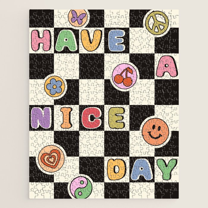 Have A Nice Day. Y2k Stickers, Black & White Checker Jigsaw Puzzle Gallery Image 1