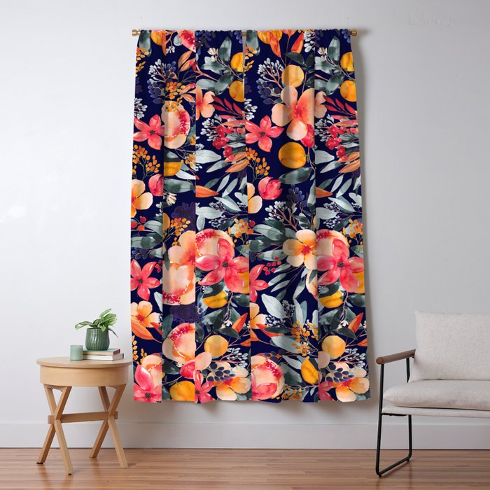 Navy Floral Window Curtain Gallery Image 1