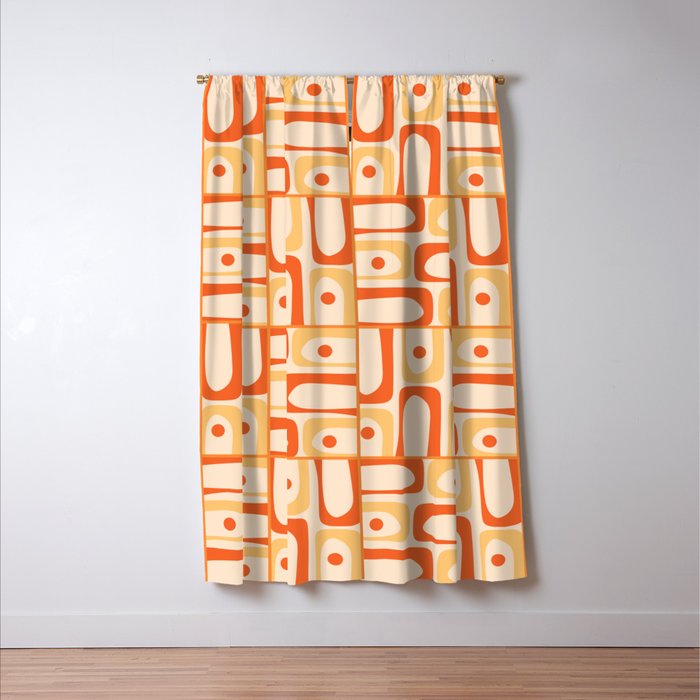 Mid Century Modern Piquet Abstract Multi Tiled Geometric Pattern Orange Tangerine Window Curtain Gallery Image 3