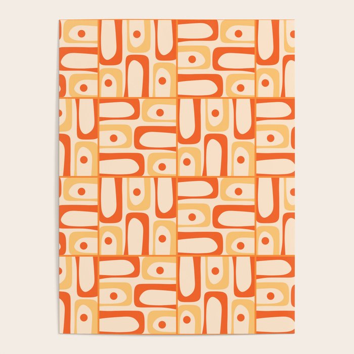 Mid Century Modern Piquet Abstract Multi Tiled Geometric Pattern Orange Tangerine Poster Gallery Image 1