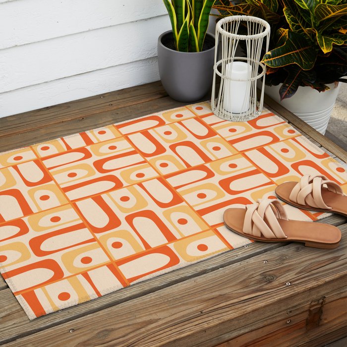 Mid Century Modern Piquet Abstract Multi Tiled Geometric Pattern Orange Tangerine Outdoor Rug Gallery Image 2
