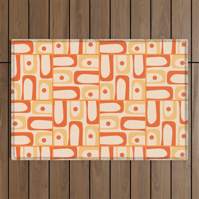 Mid Century Modern Piquet Abstract Multi Tiled Geometric Pattern Orange Tangerine Outdoor Rug Gallery Image 1