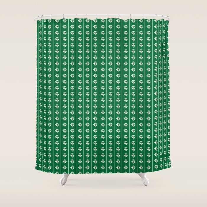 Emerald Green Vintage Cottage Flowers and Stripes Pattern Shower Curtain Gallery Image 1