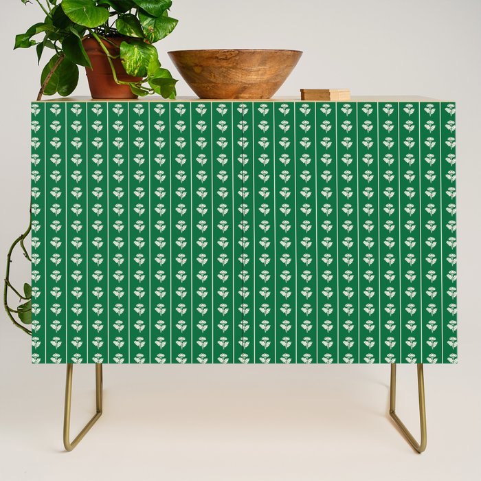 Emerald Green Vintage Cottage Flowers and Stripes Pattern Credenza Gallery Image 1