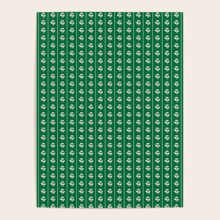 Emerald Green Vintage Cottage Flowers and Stripes Pattern Poster Gallery Image 4