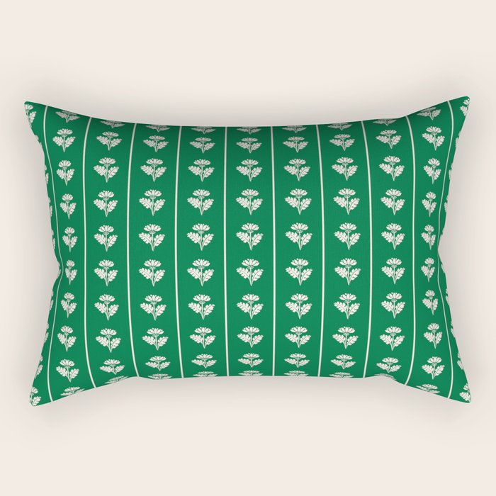 Emerald Green Vintage Cottage Flowers and Stripes Pattern Rectangular Pillow Gallery Image 2
