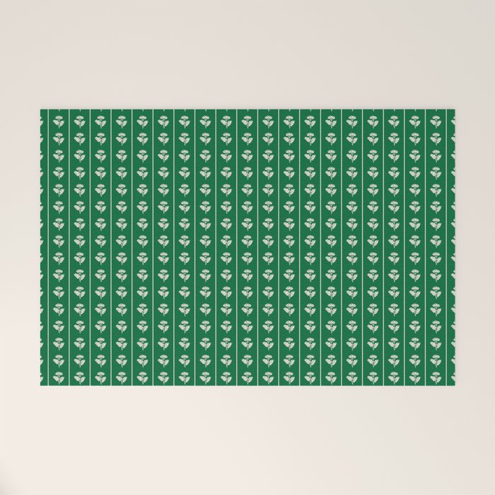 Emerald Green Vintage Cottage Flowers and Stripes Pattern Welcome Mat Gallery Image 1