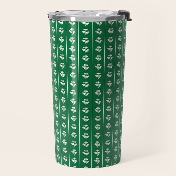 Emerald Green Vintage Cottage Flowers and Stripes Pattern Travel Mug Gallery Image 2