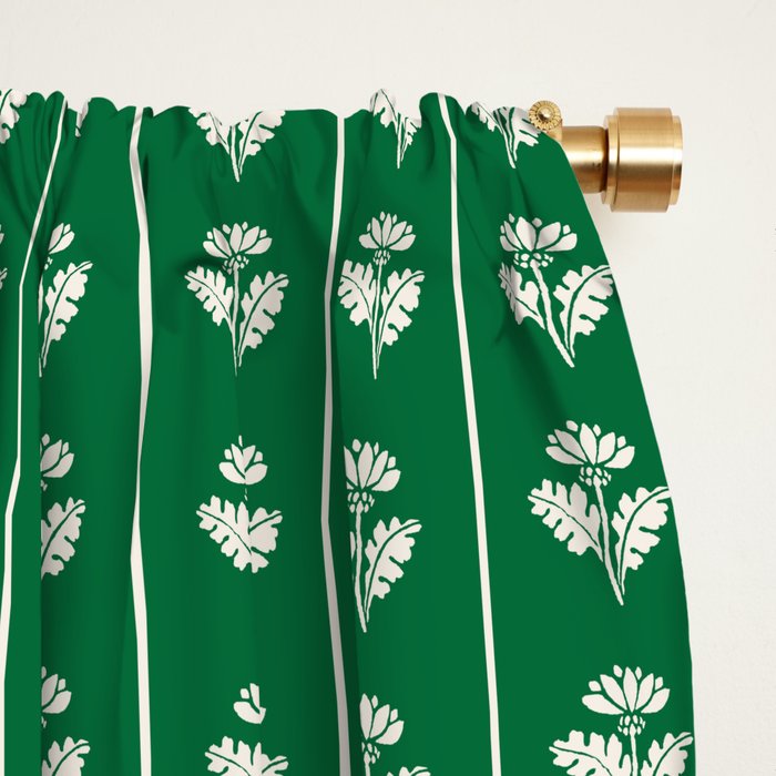 Emerald Green Vintage Cottage Flowers and Stripes Pattern Window Curtain Gallery Image 2