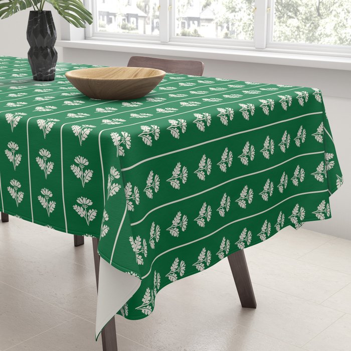 Emerald Green Vintage Cottage Flowers and Stripes Pattern Tablecloth Gallery Image 3
